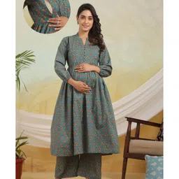 Ikk Kudi by Seerat Cotton Woven Three Fourth Puffed Sleeves Floral & Polka Dots Printed Maternity Kurta With Nursing Access & Pant Set - Teal Blue-picture-49