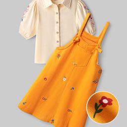 OLLINGTON ST. Cotton Knit Half Sleeves Shirt with Floral Embroidery & Printed Knit Pinafore - Cream & Yellow-picture-3