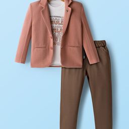 Rikidoos Full Sleeves Textured Blazer With Typography Printed Tee & Pant Set - Peach & Brown-picture-17