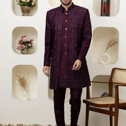 Dulha Ghar Floral Embroidered Mandarin Collar Pure Silk Kurta With Pyjamas And Jacket-image-87