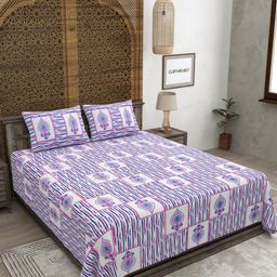 CLOTHOLOGY Purple & Blue Floral Printed Pure Cotton 180 TC King Bedsheet Set 2.75m x 2.25m-image-100