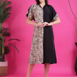 Qurvii Women Animal Print Shirt Collar A-Line Maxi Dress-image-13