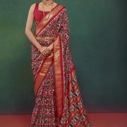 Satrani Red Geometric Print Saree With Unstitched Blouse-image-65