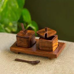 ExclusiveLane 'Wood Serving Squares' Handcrafted Wooden Refreshment Jars With Spoon And Tray-image-40