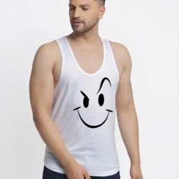 Friskers White Cotton Slim Fit Printed Gym Vest-image-29