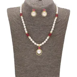 Sri Jagdamba Pearls Cherished Moments Red & Pearl White Necklace and Earring Set-35