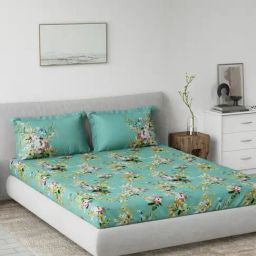 DDecor Primary Green Cotton Floral 144 TC King Bedsheet with 2 Pillow Covers-picture-9