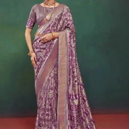 Satrani Purple Geometric Print Saree With Unstitched Blouse-picture-2