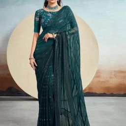 Satrani Blue Striped Saree With Unstitched Blouse-picture-27