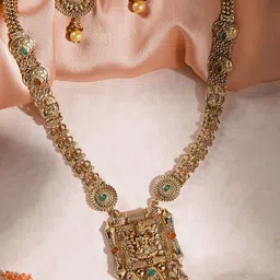 ORANGENYSHA Gold Plated Stone Studded & Beaded Temple Jewellery Set-image-56