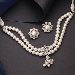 Saraf RS Jewellery Silver Statement Cubic Zirconia 2 Layered Pearl Beaded Necklace & Earring Set-picture-0