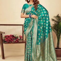 Satrani Green Silk Blend Woven Saree With Unstitched Blouse-image-77