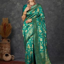 Satrani Green Silk Woven Saree With Unstitched Blouse-image-15