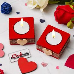 eCraftIndia Red & Golden Wooden Square Heart Tea Light Candle Holders - Set of 8-26