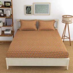 Florida BS-Kian Brown & Orange Microfibre 180 TC King Fitted Bedsheet With 2 Pillow Covers-image-2