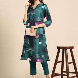 Sangria Women Green & White Printed A-Line Kurta with Trousers-image-45