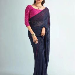 Satrani Navy Striped Saree With Unstitched Blouse-image-58