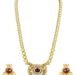 Zaveri Pearls Yellow & Maroon Alloy Long Necklace Set-12