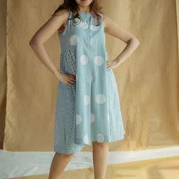 THE INDIAN ETHNIC CO Women Sky Blue A Line Slub Cotton Dress-image-34