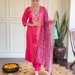KALINI Floral Embroidered Thread Work Chanderi Silk Kurta with Trouser And Dupatta-image-40