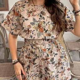 PIMU Floral Printed Round Neck Top With Shorts Co-Ords-image-1