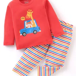 Babyhug Cotton Jersey Full Sleeves Night Suit GiraffePrint - Red-picture-7