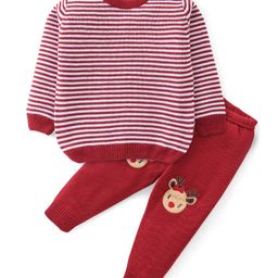 Babyhug Knitted Full Sleeves Baby Sweater Set with Stripes Design - Red-image-72