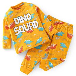 Babyhug Cotton Knit Full Sleeves Night Suit With Dino & Text Print - Yellow-image-32