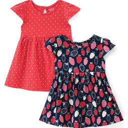 Babyhug Single Jersey Cotton Knit Cap Sleeves Frocks with Strawberry & Polka Dots Print Pack of 2 - Red & Navy Blue-image-78