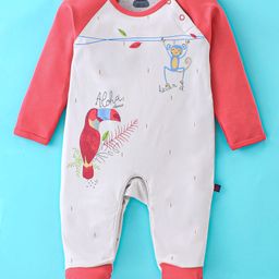Mini Taurus Cotton Full Sleeves Footed Romper Monkey Print - Pink & White-image-26