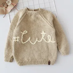 Woonie Full Sleeves Hand Knitted Personalised Cute Text Detailed Jumper  - Beige-picture-17
