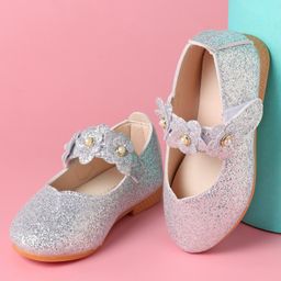 Babyoye Slip On Glittery Ballerina with Floral Applique & Velcro Closure - White-image-91