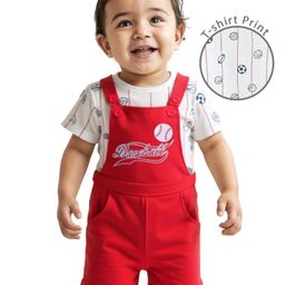 Babyoye 100% Cotton With Eco Jiva Finish Dungaree and Half Sleeves T-Shirt Baseball Print - Red-image-24