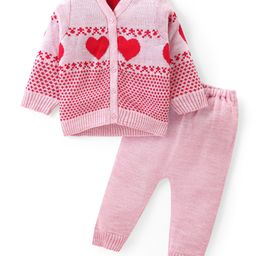 Babyhug Knitted Full Sleeves Front Open Sweater Set with Heart Design - Multicolour-image-29
