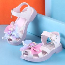 Oh! Pair Party Sandals with Velcro Closure & Bow Applique - Purple-image-59