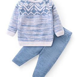 Babyhug Knit Full Sleeves Pullover Sweater Set with Cable Knit Design - Blue-image-78