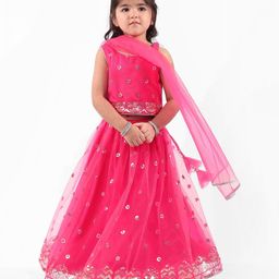 Babyhug Sleeves Sequined Embroidered Choli Lehenga Set with Net Dupatta - Dark Pink-image-73