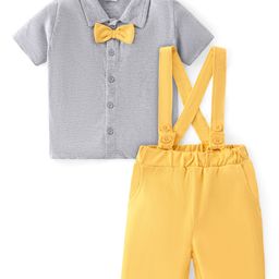 Babyhug Cotton Knit Half Sleeves Solid Shirt & Shorts Set With Attached Bow & Suspender - Grey & Yellow-image-19