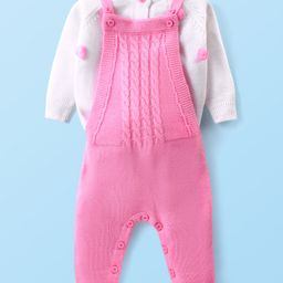 Babyhug Knit Full Sleeves Winter Wear T-Shirt & Dungaree Set with Pom Pom & Cable Knit Detailing - Pink & White-image-44