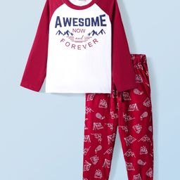 honeyhap Honeyhap100% Cotton Knit Full Sleeves Text Printed Night Suit - Dark Red & White-picture-31
