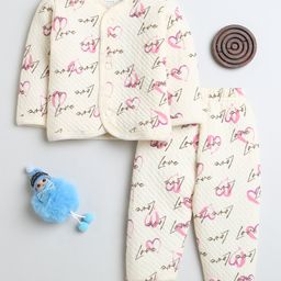 BUMZEE Full Sleeves Hearts & Love Text Printed  Winter Wear Set - Cream-image-97