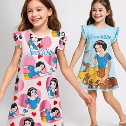 Pine Kids Disney Single Jersey Knit Frill Sleeves Nighty With Snow White Graphics Pack Of 2 - Pink & Light Blue-picture-0