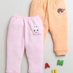 BUMZEE Pack Of 2 Look At This Text & Fish Printed & Striped Pleated Thermal Joggers - Pink & Orange-image-64