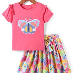 Babyhug Single Jersey Knit Half Puffed Sleeves Butterfly Printed Top & Skirt Set - Pink-image-12