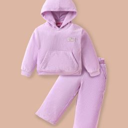 Little Kangaroos Fleece Knit Full Sleeves Winter Wear Suit with Patch Detailing & Kangaroo Pockets - Lilac-image-42