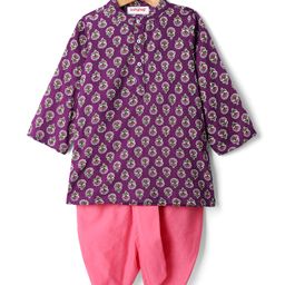 Babyhug Cotton Woven Mandarin Collar Full Sleeves Kurta Dhoti Set With Floral Print - Purple-image-15