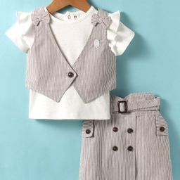ToffyHouse Cotton Knit Half Sleeves SolidTop & Striped Skirt Set with Jacket & Bow Applique - Tan-image-27