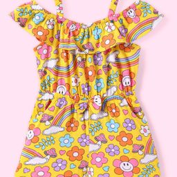 Babyhug Single Jersey Knit Cold Shoulder Sleeves Jumpsuit with Floral Print & Bow Applique - Yellow-image-64