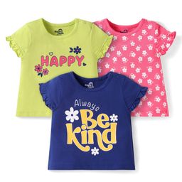 Doodle Poodle 100% Cotton Knit Half Frill Sleeves Tops with Floral & Text Print - Pink Lingt Green & Navy Blue-picture-20