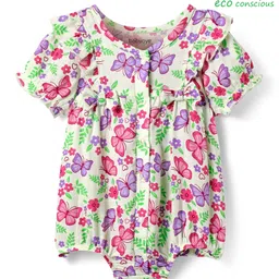 Babyoye 100% Organic Muslin Woven Half Sleeves Front Open Onesie With Floral & Butterfly Print - Cream-picture-6